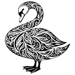 Swan bird in zentangle art, stencil logo, black and white animal illustration
