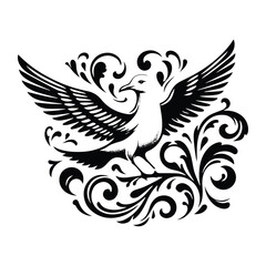 Obraz premium Seagull bird with victorian flourish decoration, stencil logo, black and white animal illustration