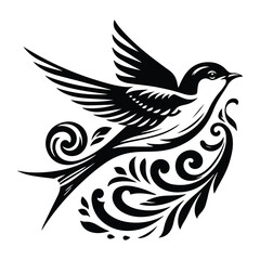 Swallow bird with victorian flourish decoration, stencil logo, black and white animal illustration