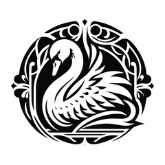Swan bird with art nouveau decoration, stencil logo, black and white animal illustration