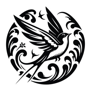 recommend clip art: Swallow bird with victorian flourish decoration, stencil logo, black and white animal illustration