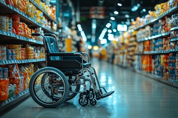 Fototapeta premium A wheelchair in the supermarket, shelves with products on both sides of the aisle
