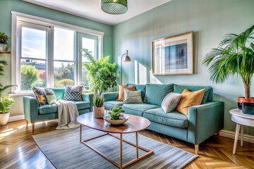 Living room with green decor elements and bright natural light