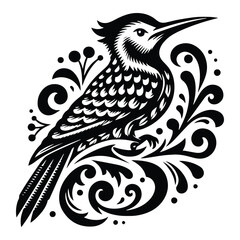 Obraz premium Woodpecker bird with victorian flourish decoration, stencil logo, black and white animal illustration