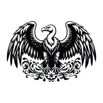 recommend clip art: Vulture bird with victorian flourish decoration, stencil logo, black and white animal illustration