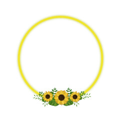 Sunflowers with leaves round frame illustration .