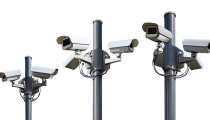 Security CCTV Cameras With Different Angles Installed on a Pole, Isolated on White Background