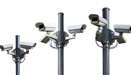 Security CCTV Cameras With Different Angles Installed on a Pole, Isolated on White Background