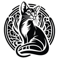 Obraz premium Abyssinian cat with art nouveau decoration, stencil logo, black and white animal illustration