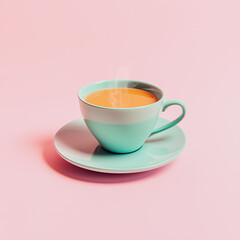  ceramic cup and saucer set placed centrally against a uniform, tea, soft pink background