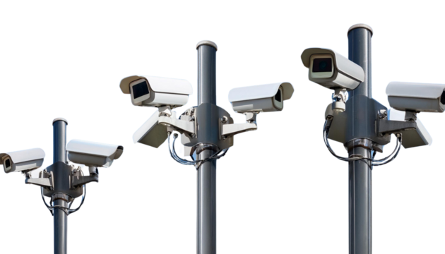 Security CCTV Cameras With Different Angles Installed on a Pole, Isolated on White Background