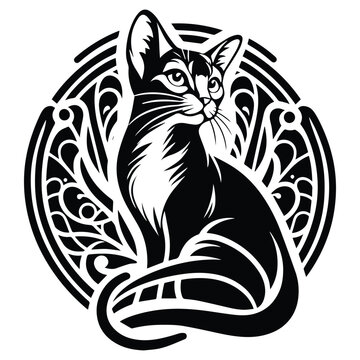 recommend clip art: Abyssinian cat with art nouveau decoration, stencil logo, black and white animal illustration