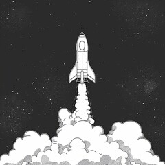 Fototapeta premium Stencil for children's art. Rocket flight in open space surrounded by stars. Illustration for cover, card, postcard, interior design, banner, poster, brochure or presentation.