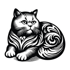 Obraz premium British Shorthair with victorian flourish decoration, stencil logo, black and white animal illustration