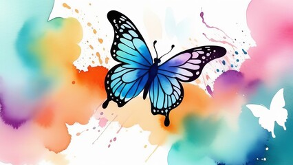 Vibrant watercolor butterfly on colorful splash background