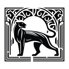 Fototapeta premium Jaguar with art deco decoration, stencil logo, black and white animal illustration