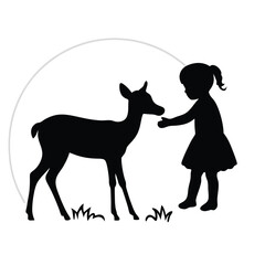 Fototapeta premium a Little girl playing with young deer vector silhouette illustration, isolated white background 