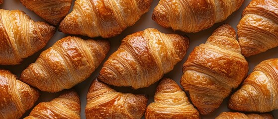 A row of croissants are displayed on a table