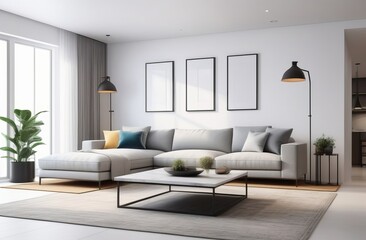 Modern minimalist living room with scandinavian design and cozy decor elements