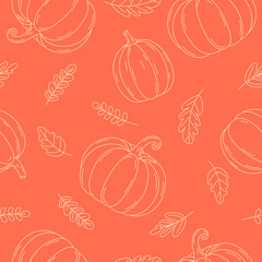 Autumn seamless pattern with pumpkins and leaves. Vector autumn background