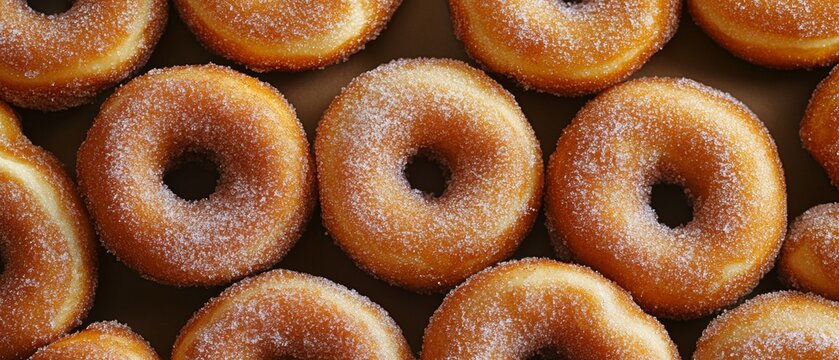 A row of donuts with powdered sugar on top