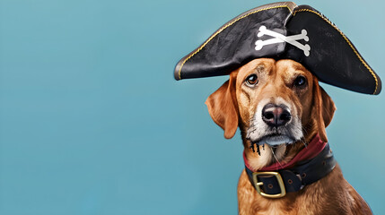 Adorable dog pirate with hat, eyepatch, and sailboat cruising on the open sea waters.