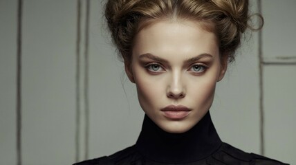 Close-up portrait of a woman wearing a high-collared black outfit, with a serious expression and striking gaze, conveying elegance and strength.
