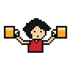 Obraz premium Cute pixel cartoon 8bit character man drink beer alcohol party lifestyle decoration life style 8 bit male boy drinking beer isolated PNG vector.