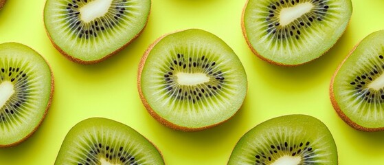 Fototapeta premium A close up of a kiwi fruit with a green and yellow background
