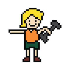 Obraz premium Cute pixel cartoon 8bit character man weight training with dumbbell lifestyle lifting gym decoration life style 8 bit male boy weight fitness isolated PNG vector.