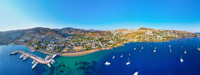 Gundogan Bay of Bodrum. Mugla, Turkey. Aerial panoramic view of Gundogan Bay. Drone shot.