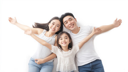 Full body Happy Asian family vacation, Father, mother, and little daughter sit spread out your arms ready for vacation trip isolated on a white background.jpg
