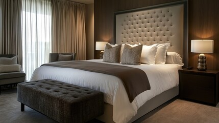 A contemporary bedroom featuring a king-size bed with luxurious bedding