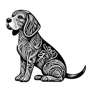 Beagle dog in zentangle art, stencil logo, black and white animal illustration