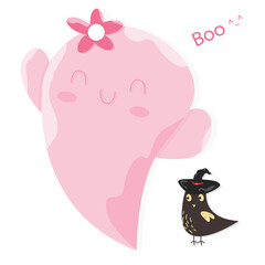Cute Kawaii Pink Halloween Ghost Cartoon Perfect, Get into the Halloween spirit with this flat vector illustration.