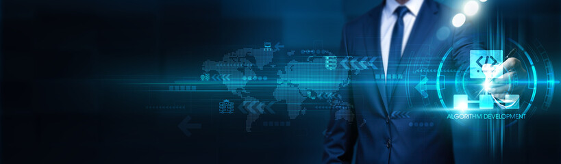 Algorithm development. Businessman touch algorithm development structure global network. Algorithm...