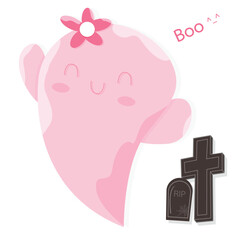Cute Kawaii Pink Halloween Ghost Cartoon Perfect, Get into the Halloween spirit with this flat vector illustration.