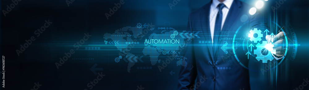 Poster businessman touches automation structure global network. automation enables processes to become more