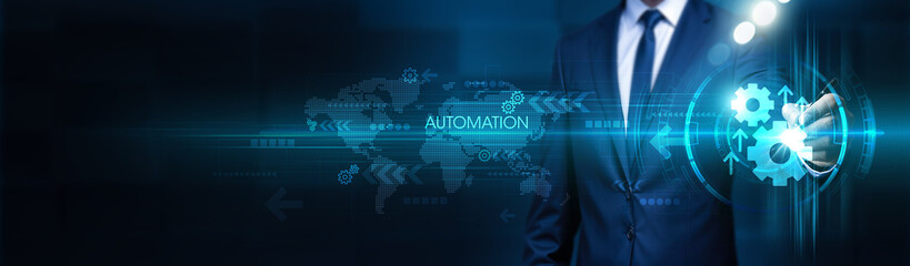 Businessman touches automation structure global network. Automation enables processes to become more efficient, global connected. Automation enhances productivity through interconnected systems.