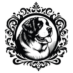 Fototapeta premium bernard dog with victorian flourish decoration, stencil logo, black and white animal illustration
