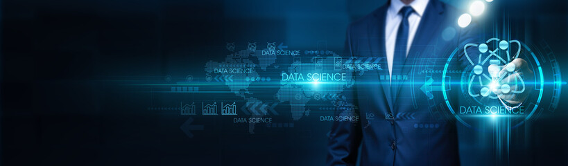 Businessman touches data-driven structure, global network. Data science empowers business...