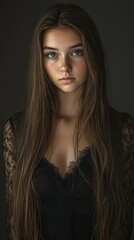 Fototapeta premium Portrait of a young woman with long hair and expressive eyes in dim light