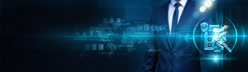 Compliance. Businessman touch compliance with structure global network. This ensures that the...