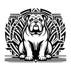 Bulldog with art deco decoration, stencil logo, black and white animal illustration