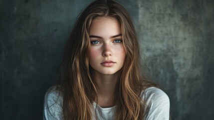 Young woman with long hair posing against a textured gray wall indoors