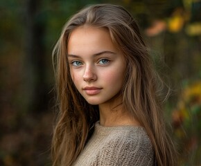 Naklejka premium Young girl with long hair standing outdoors during autumn afternoon