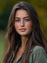Naklejka premium Young woman with long hair poses outdoors during golden hour