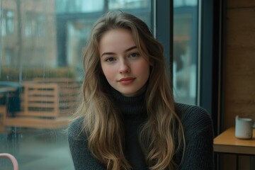 Fototapeta premium A young woman with long hair sits in a cozy café on a rainy day