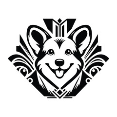 Obraz premium Corgi dog with art deco decoration, stencil logo, black and white animal illustration