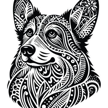 Corgi dog in zentangle art, stencil logo, black and white animal illustration